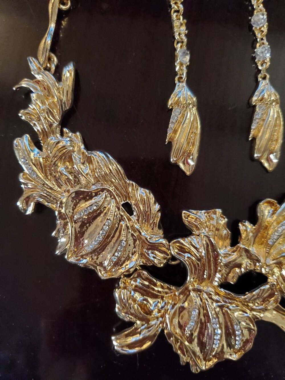 Oscar de la Renta Gold plated Tulip Pave Necklace and Earrings